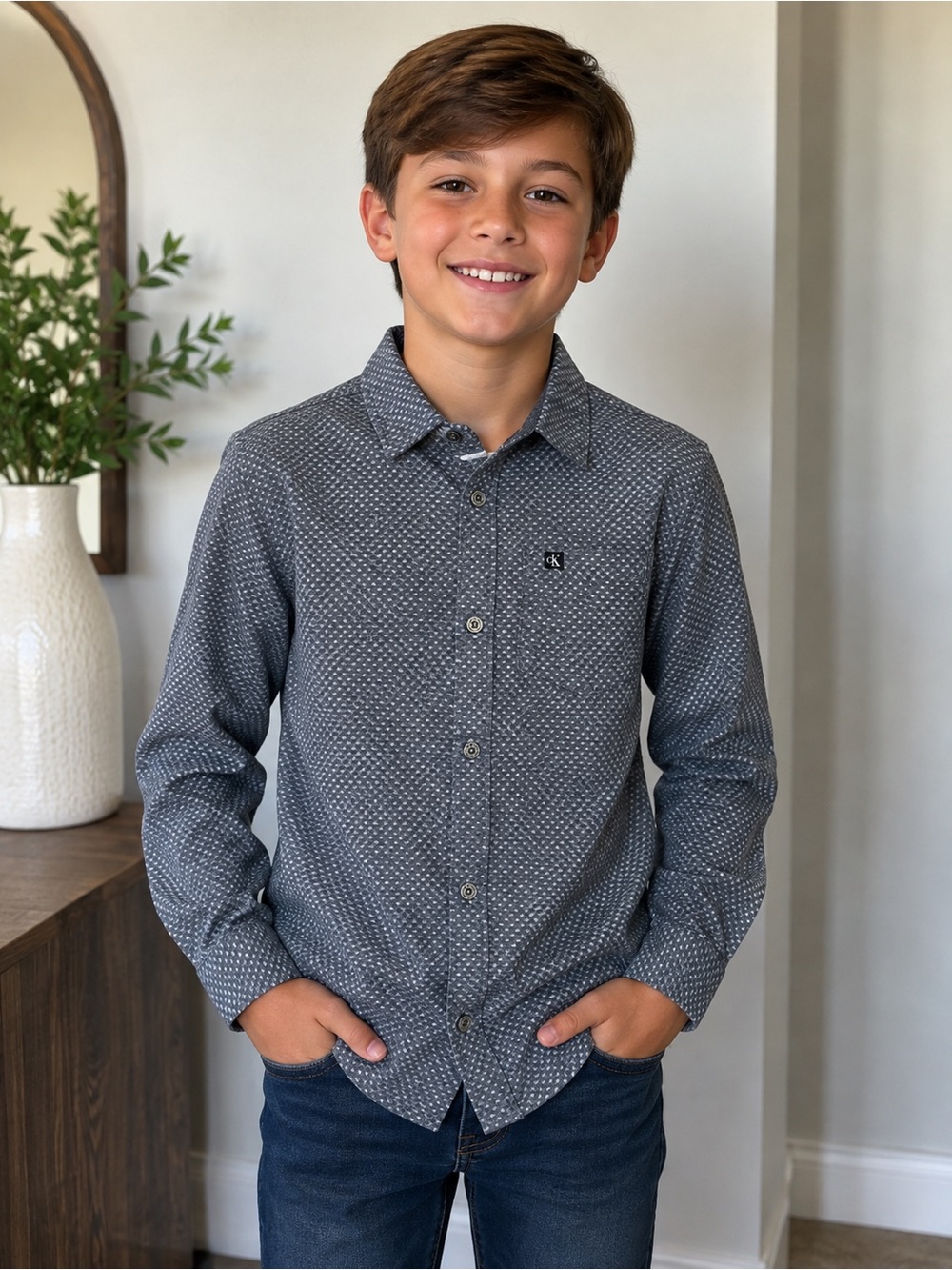 Calvin Klein Boys' Gray Micro-Print Button-Down Shirt Sz 7 NWT